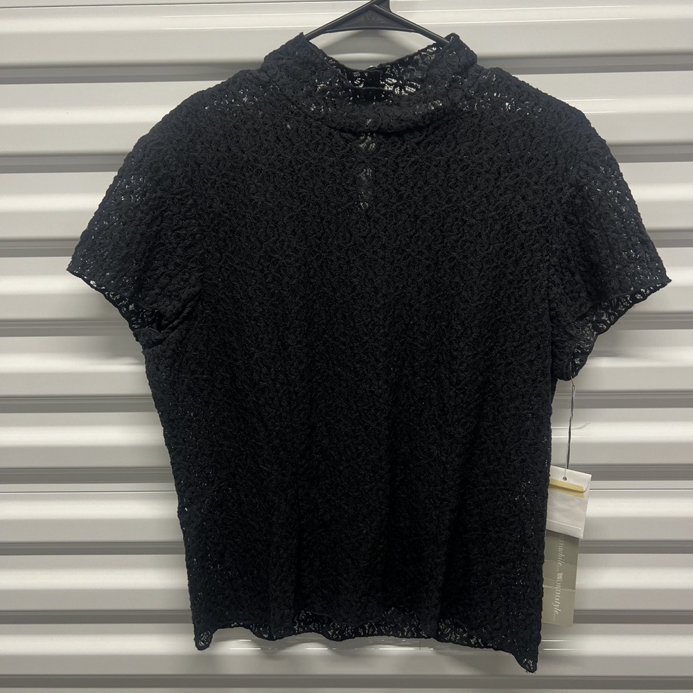 Worth Black Lace Mock Neck Top Size 14 Womens Short Sleeve Floral Jet Black NWT